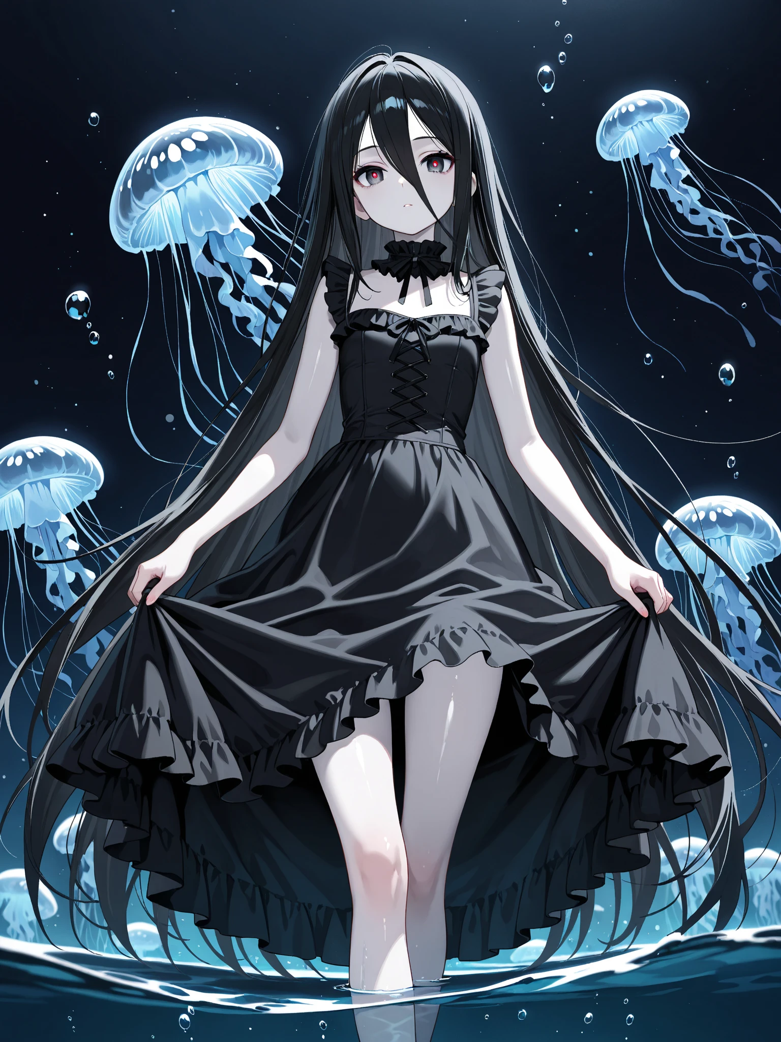 1girl、Black Hair、Red eyes、Skeleton Body、Red See-Through Dress、PVC material、Blue jellyfish、aquarium、deep faint light 、 detailed CG、high resolution