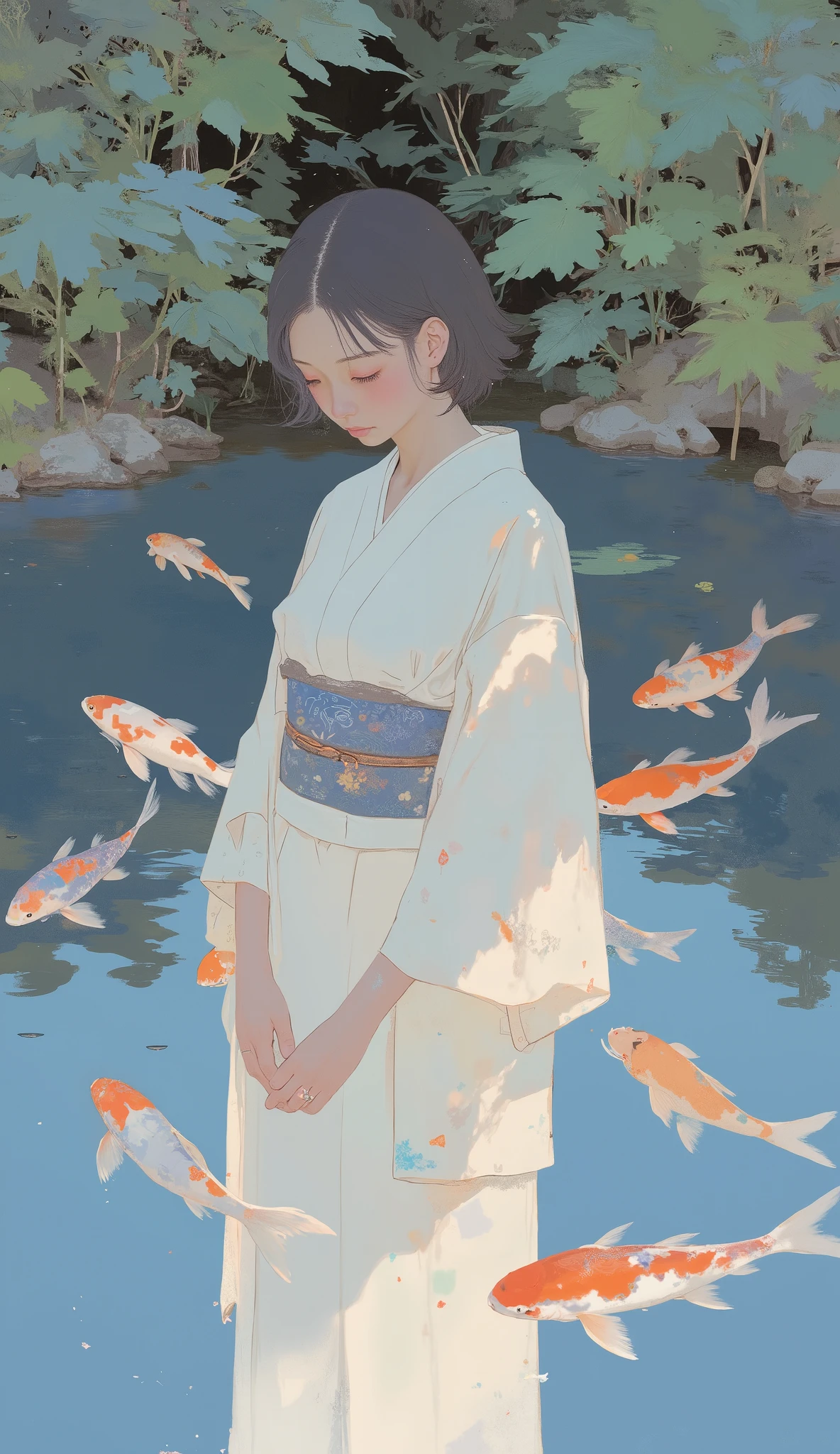 woman in a kimono dress floats in a pond with koi, artwork in the style of Blurred image of Taiwanese Gwyds, Blurred image of Taiwanese Gwyds, tattooed Taiwanese Gwyz masterpiece, inspired Yangjun Chen, Yangjun Chen, woman sitting on a chair Ross Tran , Jean J., tattooed Taiwanese art station、Gwyds, tattooed Taiwanese pixiv、art station Gwyds