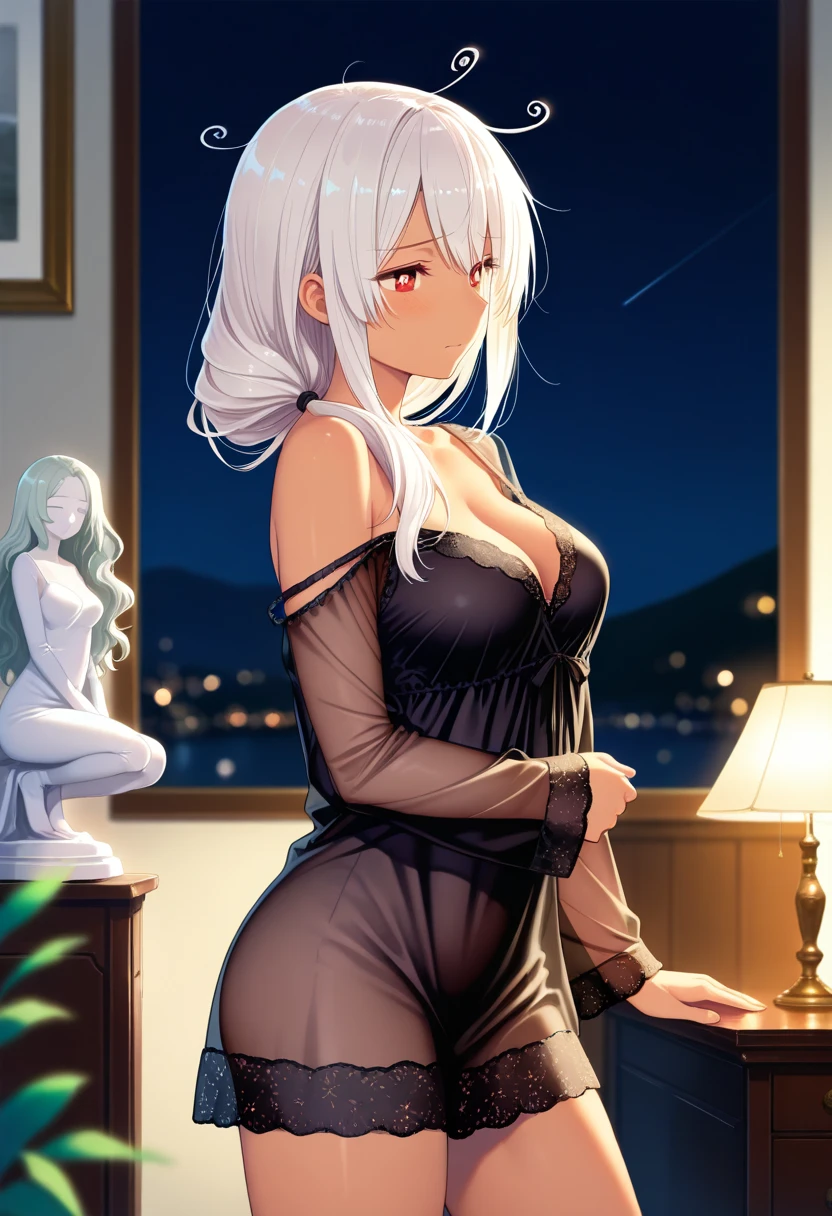 sexy white hair Anime girl sitting and studying, with a glimpse of her legs. big breasts cleavage, night outside