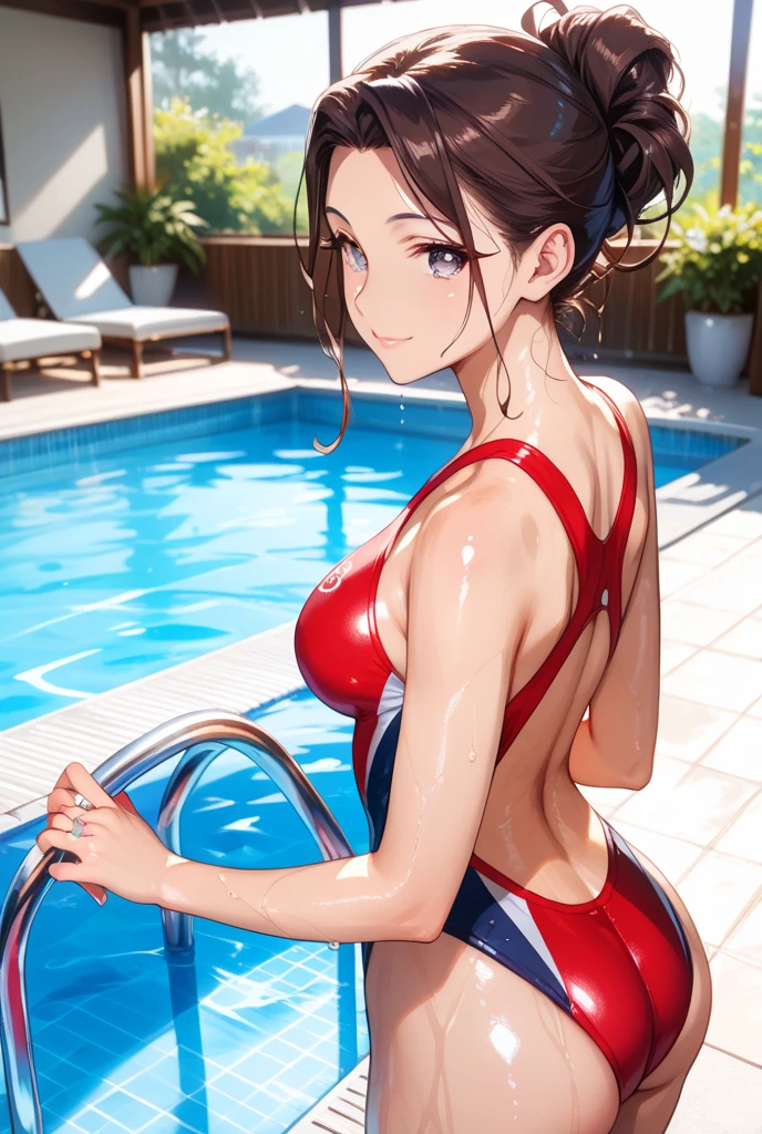 nicenature、Close-up of the butt looking up from below、Get wet all over 1.5.Realistic、squat butt emphasis、13 year old girl、wearing a yellow swimsuit,smile,cleavage emphasis,face reality,lips are a little red,cheeks are a little red,Sexy,pool