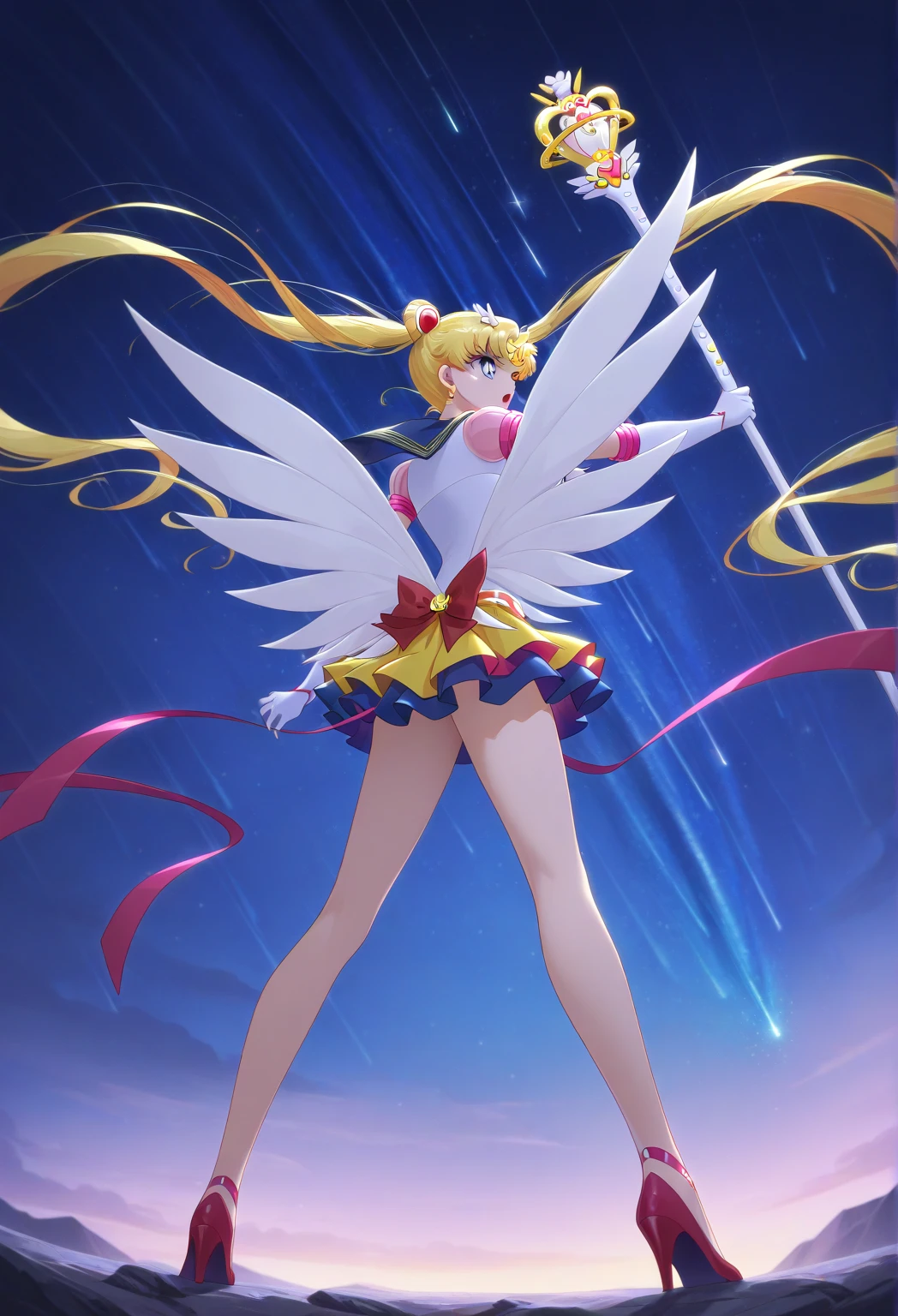 (((Pixel perfect, perfect detail))), ((((Underskirt angle, panties fully visible,))), masterpiece, best quality, (1 person), (Sailor Moon R), (Super Sailor Moon costume), (Blonde hair), (Red long boots), (Facial detail), small breasts, panty focus, viewing from viewer, embarrassed face, Super Sailor Moon, Pretty Guardian Sailor Moon SuperS!, stage, dance, (skirt lift, :1.3), (white panties:1.3), (panties with ribbon:1.3), (skirt lifted up), (colorful skirt, :1.3), ((view from below the knee)), blue eyes