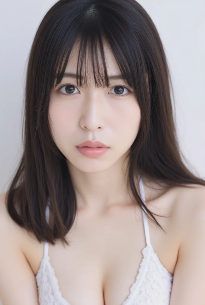 1girl, 25 years old woman, cute face, Small breasts, medium breasts, large breasts, beautiful face, (perfectly detailed face), ((looking at viewer)), Simple Background, ((white background)), ((white wallpaper)), White skin, (bright lighting:1.2), perfect lighting, photorealistic, (bokeh), UHD, anatomically correct, highres