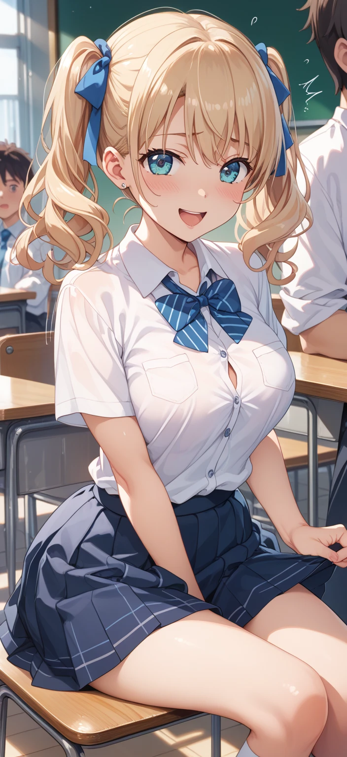 [1girl, tamura is not, ore no imouto ga konna ni kawaii wake ga nai], (goblin slayer!), (throw_hand, pink vibrator remote switch in throw_hand, throw:1.2), Highest quality, Super detailed, masterpiece, Ultra-high resolution, 8K, Ridiculous, Cowboy Shooting, Blurred, Focus on the girl, Embarrassing, blush, Lovely, Open your mouth, What saliva leaves behind, Wet skirt hem, (Sticky panties:1.1), Bulging of the vibrator cord, Vibrator with Garters, (cleavage), Classroom Background, The skirt is accidentally exposed,(large breasts), (crop top navel), (waist line), Accidentally exposed panties