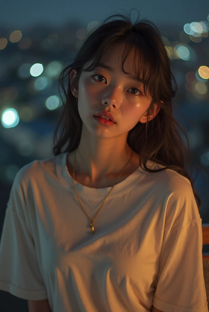masterpiece,(Best picture quality),Higher quality,High Detail,(Ultra-high resolution),8K resolution,Depth of Field,A Chinese delicate beautiful girl with medium hair,Wear a white button-down shirt。臀部翘穿着牛仔裤晚上在路边捂着头伤心sad,Beautiful facial features,Slouchy loose sweater,Portrait mode,Sunlight,Warm,Tyndall effect,Movie Light,Lazy look,sad,Absolutely beautiful,Chinese style