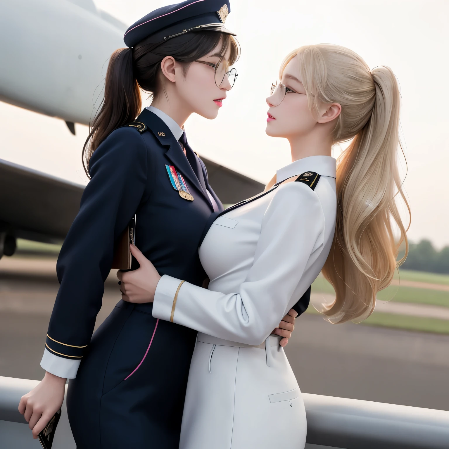 (masterpiece: 1.3), (max resolution: 1.2), (Ultra HDTV: 1.2), cinematic lights, Ultra HDTV, (fine grain and skin), (detailed facial features), 8k Resolution, sharp focus: 1.2, perfect style, Beautiful Face, perfect body, correct, 解剖学的にcorrectな, high resolution face and skin texture, fine grain, Ulzan-6500-v1.1,, Beautifully detailed, very detailed eyes and face, Beautifully detailed目, Outrageous, Outrageous resolution, huge file size, Super Detailed, high resolution, very detailed, best quality, masterpiece, ((Mr.々colorful fashion wear)), Illustration, very detailed, CG, synthesis, 8K Wallpaper, amazing, light on face, cinematic lightsing,,1girl,age 26,152 cm high, girly braided hair,
her mature hair in a ponytail,sparkling barrette hair accessory,white air force司令官のジャケット,white air force_uniform,round_ アイウェア,white service cap,slightly open dark purple pink Tight skirt, light blue eyes, double eyelid, glitter eyeliner : 1.2, Natural Blush, growing skin , white skin: 1.2, ( Shiny Lips : 1.6), BREAK, first-person view, ( A woman with a very cute face .), (wearing glasses)、(sensual face: 1.2), (( innocent and lovely :1.3)), ( long wavy hair ), ( Shining blonde :1.2), holds a folded pastel pink clipboard in one hand , BREAK,
((Very close: 1.2)), Big breasts, ((looking into each other's eyes: 1.2)), ((face to face: 1.2)), the angle at which people over 20 cm taller than her look at her, blushing expression in a distorted state, open your mouth slightly,Background (, Daytime, Air Force Base, runway, military, aircraft, military vehicles, airplane, One fighter),
The Illustration has an intimate image, with rainbow-colored reflected light in the Daytime, the camera focuses on that, wait.
the camera focuses on that, giving the impression of fading to the surroundings