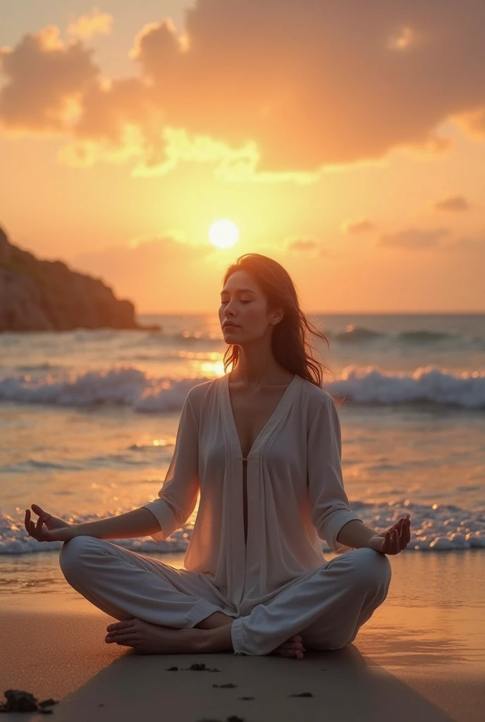 make a Brazilian girl with high definition of facial expressions, beautiful in white with transparent clothes almost like an angel praying. Create an inspiring image for a morning prayer that brings peace and encouragement to people of all faiths. The image should convey a sense of tranquility, Hope and unity. Include the following elements: Scenery at Dawn: Show a beautiful sunrise in a natural environment, SOM uma montanha, beach or countryside, symbolizing a new beginning and endless possibilities. Nature Elements: Include trees, flowers, or a serene body of water, that bring a feeling of calm and connection with nature. People in meditation: Show some people from different backgrounds and cultures sitting or standing, in meditation or prayer postures, symbolizing unity and diversity. smooth light: Use soft, warm light to highlight the serenity and peace of the moment, with sunbeams softly illuminating the scene. Inspiring Text: Include a short, inspiring message in the image, SOM "Start your day with peace and hope" in an elegant and subtle font. The image should evoke feelings of gratitude, joy and serenity, inspiring viewers to start their day in a positive and centered way.

