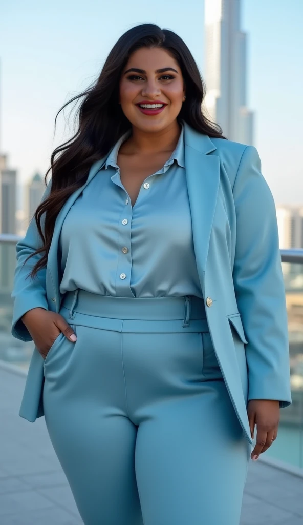 A beautiful and hot almost chubby mature woman.who is wearing a shiny navy blue dress with sleeves tied in the front and standing next to the plane at the airport. A smiling face