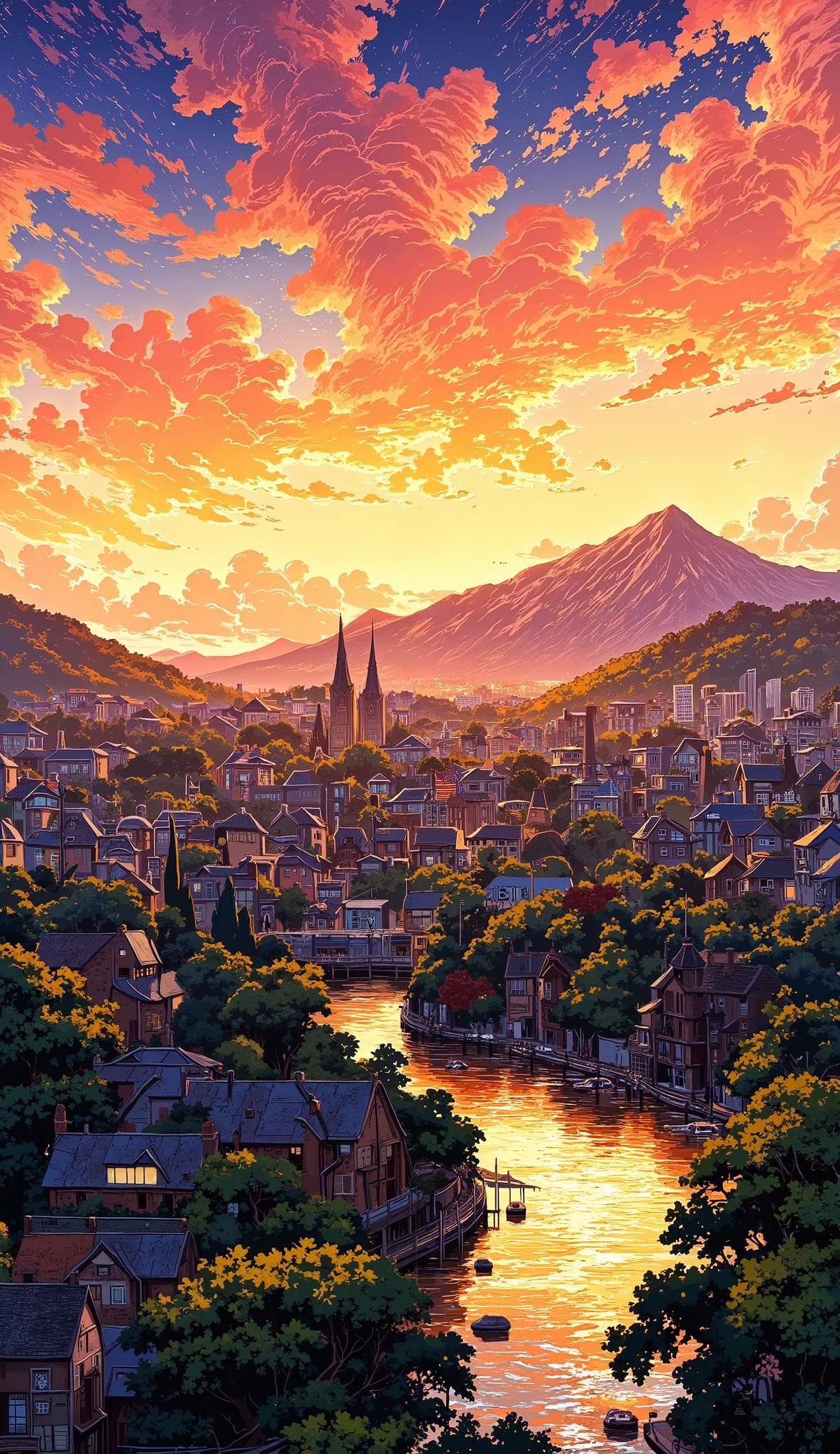 Cityscapes, serene, sundown, city lights, river, mountain far-away, evening, sunset, cars, people, trees
