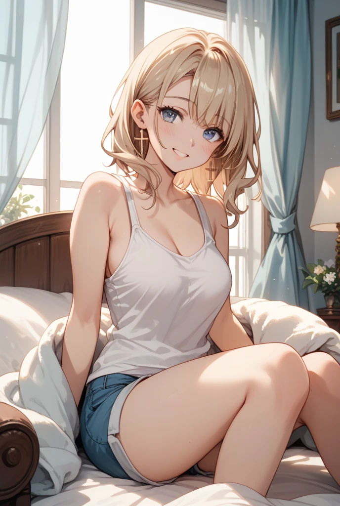 in 8K、top-quality、masterpiece、ultra-detailliert、Ultra-high resolution、((1 persons))、girl with、a blond、makeups、耳Nipple Ring、a necklace、Medium chest、White shirt、Unbutton、cleavage of the breast、Sit on the bed、a miniskirt、white panty