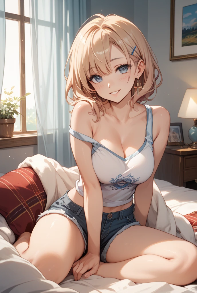 highest quality、Elementary school student bra、Beige shorts、Cool look、Stretch your legs in the room、Armpit sweat、Grass、Ecstasy face,(Charming person)， (girl１name)， (Highly detailed face, smile) ,, (日本のgirl), Slightly round face, (Tan brown face:1.6), cute, Big eyes、2D，highest quality，(masterpiece)，(((Whole body image)))，(((Head to toe on screen:1.2)))，(extra long hair:1.6)，(side ponytail:1.6),((yellow hair))，Healthy brown skin，((Denim hot pants))，Pink-halter top，Shining bare feet，barefoot，Beautiful brown eyes，Attractive thighs，Untidy body type，Bedroom，get drunk，Upward glance，cheeks are bright red，あざでcute，Sexy as hell，Erotic look，Large drops of sweat all over the body，Humidity，Sleep with your legs stretched、My Room、（Lie down in bed.），Side View Angle，Angle that emphasizes the buttocks，(Red nails on legs:1.2)