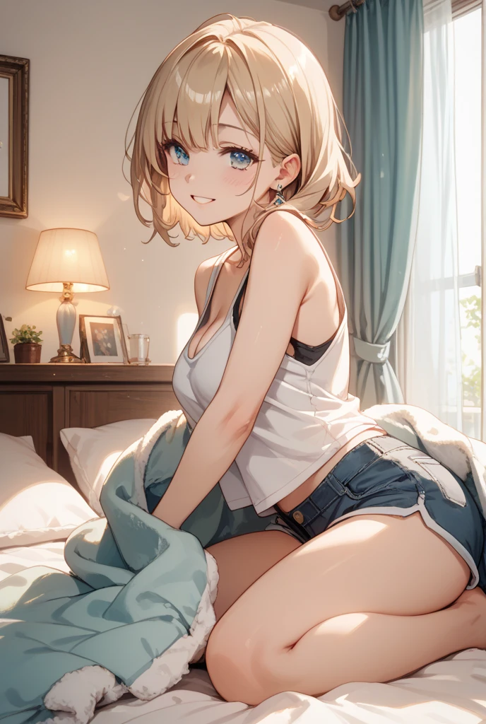 in 8K、top-quality、masterpiece、ultra-detailliert、Ultra-high resolution、((1 persons))、girl with、a blond、Twin-tailed、Medium chest、(((on the beds)))、White transparent underwear