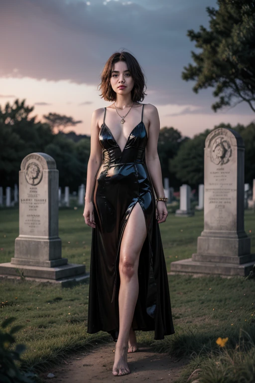 Generate a hyper-realistic image that employs the shallow depth of field technique, Head and sholders portrait to highlight a pretty goth (((vampire))) girl, ((open mouth with vampire canine teeth)) , wearing a gothic dress, ((cut hair with fringe)), tattooed, ((heavy makeup)) , at ((night in a creepy cemitery)) setting, (((under the moonlight))). The girl should be the focal point, with crisp clarity, while the background of the forest should be gently blurred to create a bokeh effect. (((black roses In the foreground))) should be visible but blurred, adding depth to the composition.", adding depth to the composition. Sony Alpha A7R III, macros lens , f/5.6. ((Cinematic purple and pink Lighting)) .