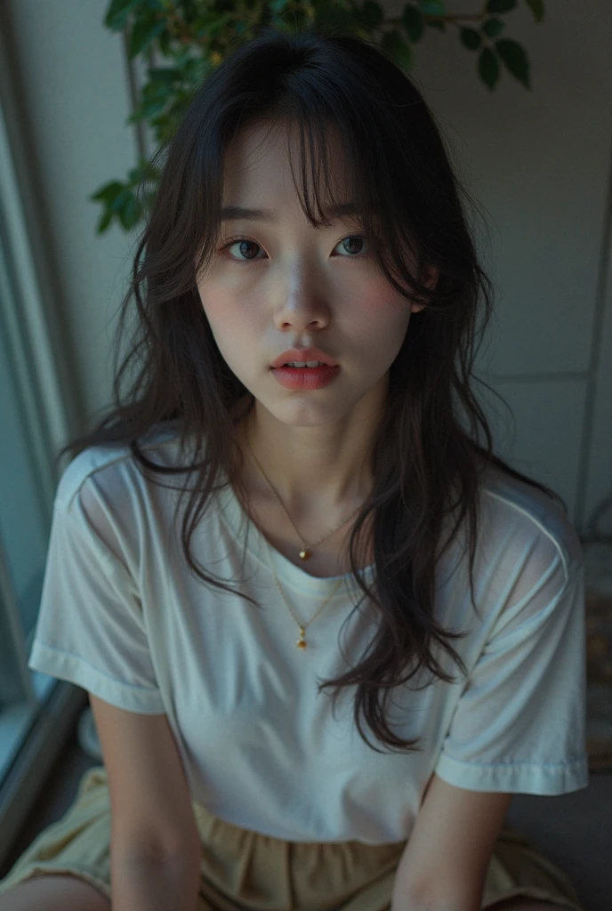 A fair-skinned young Japanese woman sitting on a sofa。Wearing a large white men's T-shirt。Selfie style。