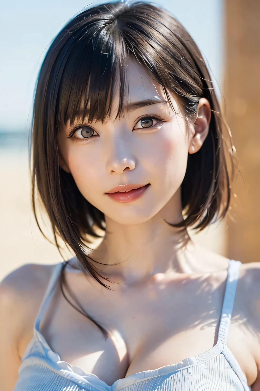 女の子1人、top-quality、realisitic、report、depth of fields、natural soft light、during daytime、魅惑的、beauitful face、Cleanliness、Pure face、de pele branca、cute hawk hair、bangss、the beach、rays of sunshine、Nedium Breast Body Esbian、((Beautiful face with sweater golden ratio Beautiful face with symmetry))、long neck、Put your ears out、bangssのあるきれいな短いボブヘア、Smile with your mouth closed:1.4、Smile with your mouth closed:1.4、perfect hand指、perfect hand、Perfect body、face perfect、Shine a light into the eyes、Perfect Anatomy:1.4、very cute super model:1.4