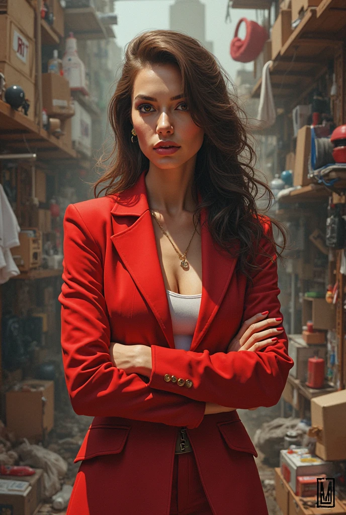 balalaica, masterpiece, Best Quality, absurdities, 1 girl, looking at the viewer, inside, Office, Sunset, Serious, Crossed arms, chair, Session, Red suit, tube skirt, shackles, (burn scar:1.5), mole under the eye, Upper part of the body