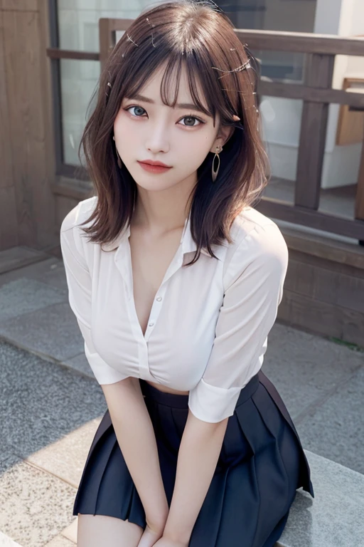 finely detail, hight resolution, hightquality、Perfect dynamic composition, Beautiful detailed eyes, Medium Hair, small tits、Natural Color Lip,Kamimei、Shibuya、20 years girl、1 persons、Transparent skin、Glowing hair、masutepiece, Best Quality, Ultra-detailed, finely detail, hight resolution, 8K、The correct state of the human body、crouching down、Gravure Model Pose,Beautiful sunset,Park Garden,beautiful ilumination,Photographed with hair fluttering in the wind,((business shirt:1.5,Black short skirt:1.5,I can see the cleavage,Spread your legs and show your panties,sit on a bench))
