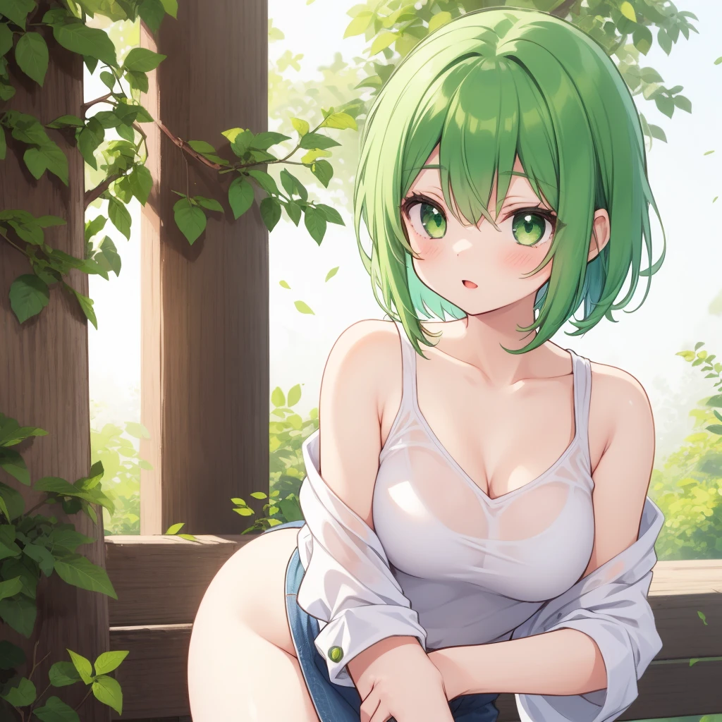 Girl with short green hair, Small breasts, Green Eyes, White Casual Wear Beauty Special、(((tits))),Full body photo from head to toe、Licking one&#39;s lips、excited、Sweet gestures、、Alluring face、Sensuality、lure、Taunt、sitting、On all fours