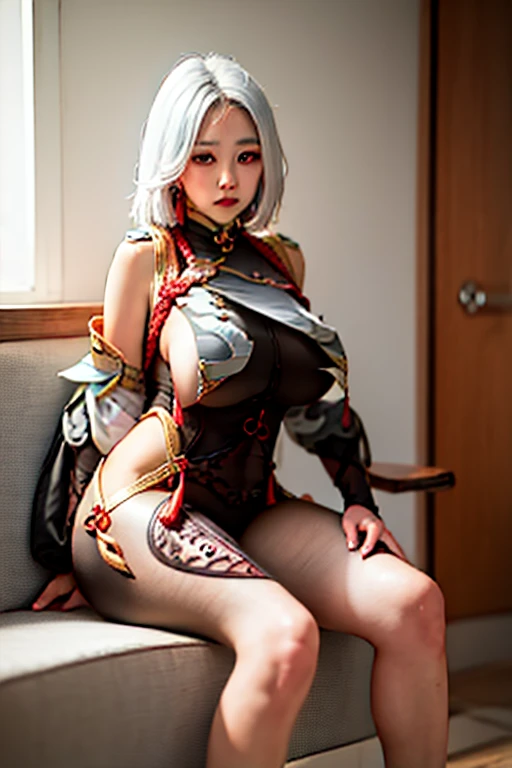 Masterpiece, Best Quality, (Extremely detailed CG unity 8k wallpaper, Masterpiece, Best Quality, ultra detailed, Masterpiece, Best Quality, 1 girl, Alone, crop top, denim shorts, choker, (graffiti:1.5), paint splash, arms behind the back, against the wall, looking at the viewer, bracelet, thigh strap, body paint, nod, bored, multicolor fur, aquamarine eyes, headphones, triss marigold,