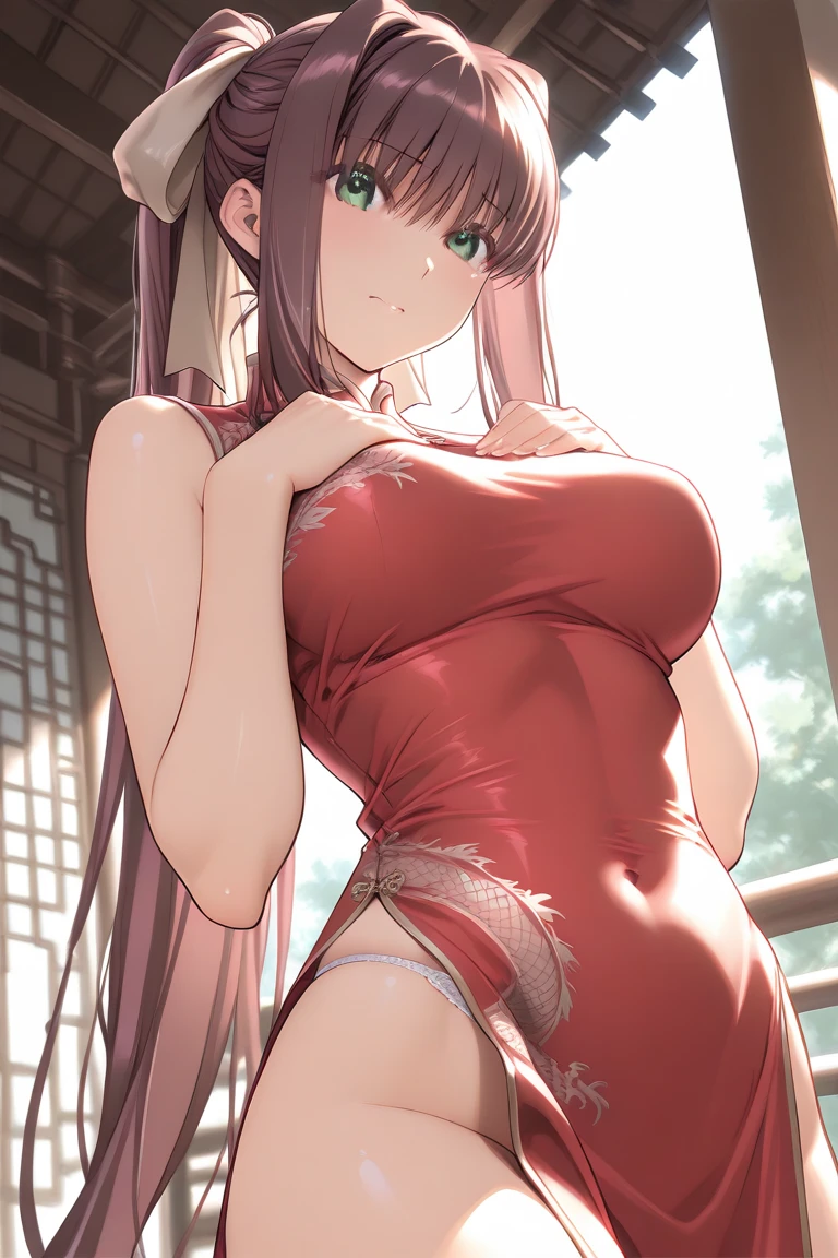 (masterpiece:1.2, of the highest quality), (realist, photorealist:1.4), Beautiful illustrations, (natural side lighting, movie lighting), 1 girl, Japanese, perfect face, Beautiful symmetrical face, shiny skin, (by the wide:1.8, straight hair:1.7, Brown hair), asymmetrical bangs, purple eyes, (big breasts:1.1, thick thighs), beautiful hair, beautiful face, fine and beautiful eyes, beautiful clavicle, beautiful body, beautiful breasts, beautiful thighs, Beautiful feet, ((tight red dress)), pink panties, (beautiful landscape), in the city、Leaning forward, vibrator in thigh high socks,
