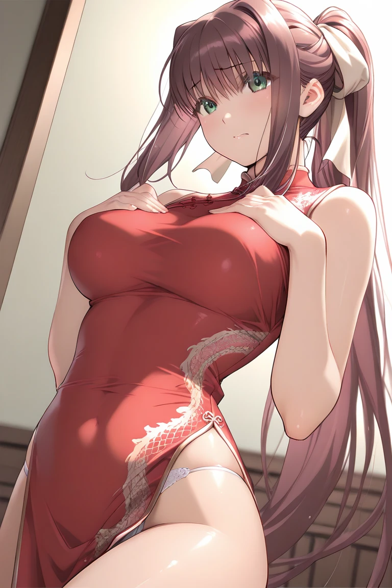 girl, brown hair, long hair, ponytails, ponytails on the sides of the head, red eyes, red dress, short dress, big breasts 