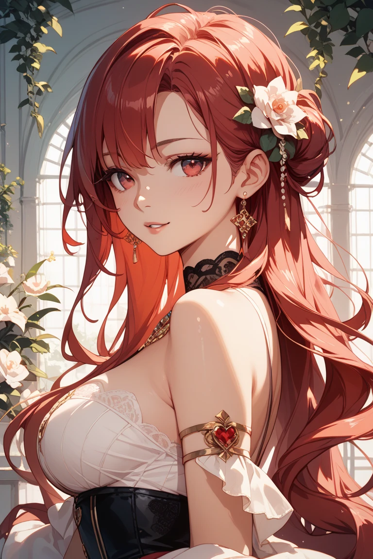 an anime female dressed like a princess with roses all around her on a bright pink background, 1girl, solo, breasts, jewelry, earrings, flower, cleavage, pink eyes, long hair, looking at viewer, parted lips, collarbone, bare shoulders, petals, red hair