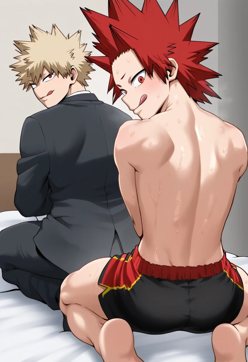 2boys, full body, male focus, muscular male, best quality, amazing quality, best aesthetic, absurdres, bedroom, gay couple, official style, year 2023, game cg, looking at viewer, happy, looking at viewer, together on picture, yaoi, gay couple, emphasizing the extraordinary size of pregnant belly, pregnant belly, wet with milk dripping, (bakugou katsuki), Eijiro Kirishima red riot with abs, boku no hero academia, nipples, arms back of head, wearing black short underwear, grin.