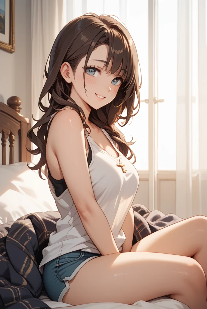 Highest quality、Elementary school student bra、Beige shorts、Cool look、Stretch your legs in the room、Armpit sweat、Grass、Ecstasy face,(Attractive person)， (1 girl), (Highly detailed face, smile) ,, (Japanese Girls), Slightly round face,  cute, Big eyes、2D，Highest quality，(masterpiece)，(((whole bodyが映る)))，(((whole body)))，Twin tails up to the shoulders，((Amber brown hair))，((Beach Waves))，Healthy brown skin，((Denim hot pants))，「cheap」In a pink tank top，Shining bare feet，barefoot，Beautiful brown eyes，Attractive thighs，Sloppy body type，Bedroom，get drunk，Superior，cheeks are bright red，Sexy as hell，Erotic look，Sleep with your legs stretched、My Room
