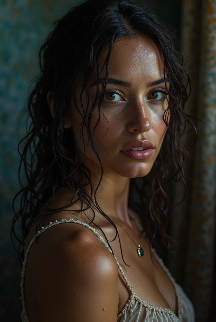 (masterpiece, photorealistic:1.4, extremely complex:1.3, radiation, photon mapping, dtx, 8 K), ((((necklace close up, naked, wet, [medium breast:Big breasts:0.8])), wet, [Skin detail:freckles:0.7], natural, 1 teenage supermodel), a dark room, ((stone shower, glass shower, clean)))
