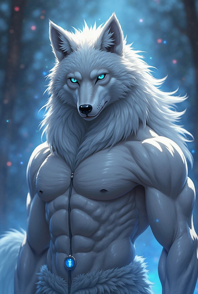 werewolf, with all white fur, white hair with blue highlights, blue eyes, with blue tail,
with a red collar