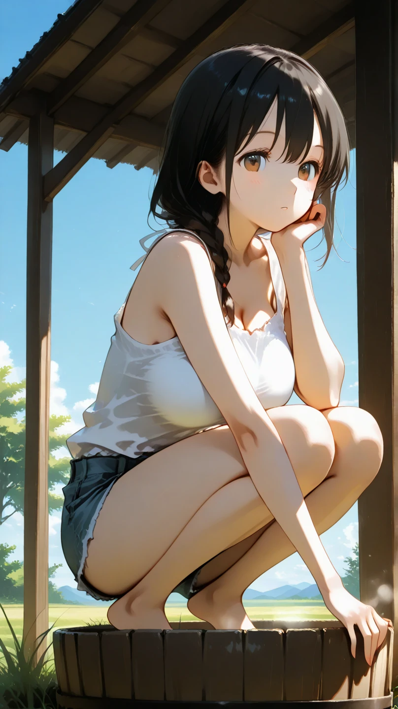 girl, sitting, side shot, (sky:1.3), (masterpiece, best quality, perspective, depth of field:1.5), flowers, rocky mountain, woods, beautiful face, thighs, from below, 8k, raw photo, absurdres, impressionism, (Tom Thomson, Claude Monet, Joaquín Sorolla, James Wilson Morrice, John Fabian Carlson, Hugh Henry Breckenridge:0.8), HDR, photorealistic, film grain, chromatic aberration, highres, ultra detailed, finely detail, dynamic lighting, dramatic lighting, shadow, sharp focus, extremely detailed eyes and face, sharp pupils, realistic pupils