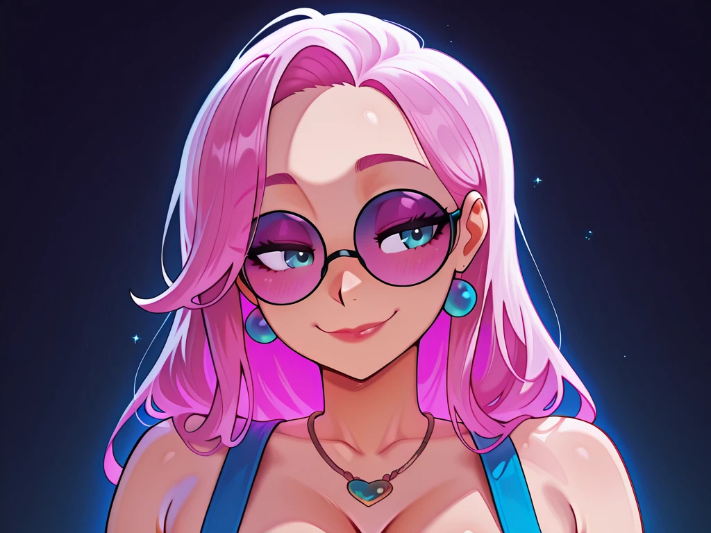 masterpiece,best quality,extreme detail,8k,emikukis2,1girl,solo,breasts,looking at viewer,blush,short hair,large breasts,cleavage,bare shoulders,jewelry,closed mouth,swimsuit,upper body,pink hair,white hair,red hair,multicolored hair,earrings,pink eyes,two-tone hair,streaked hair,one-piece swimsuit,night,halterneck,sunglasses,eyewear on head,hoop earrings,black one-piece swimsuit,cowboy_shot,upper_body,
