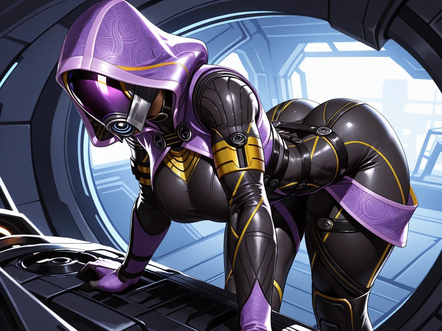 (best quality,photorealistic),drawn by Hong_doo,tali zorah on all fours,small breasts,ass focus,body suit,purple skin,purple lighting,neon colors,sci-fi,ultra-fine painting,subtle shadows,metallic texture,highly reflective surface,sharp details,glowing eyes,futuristic environment,laser lights