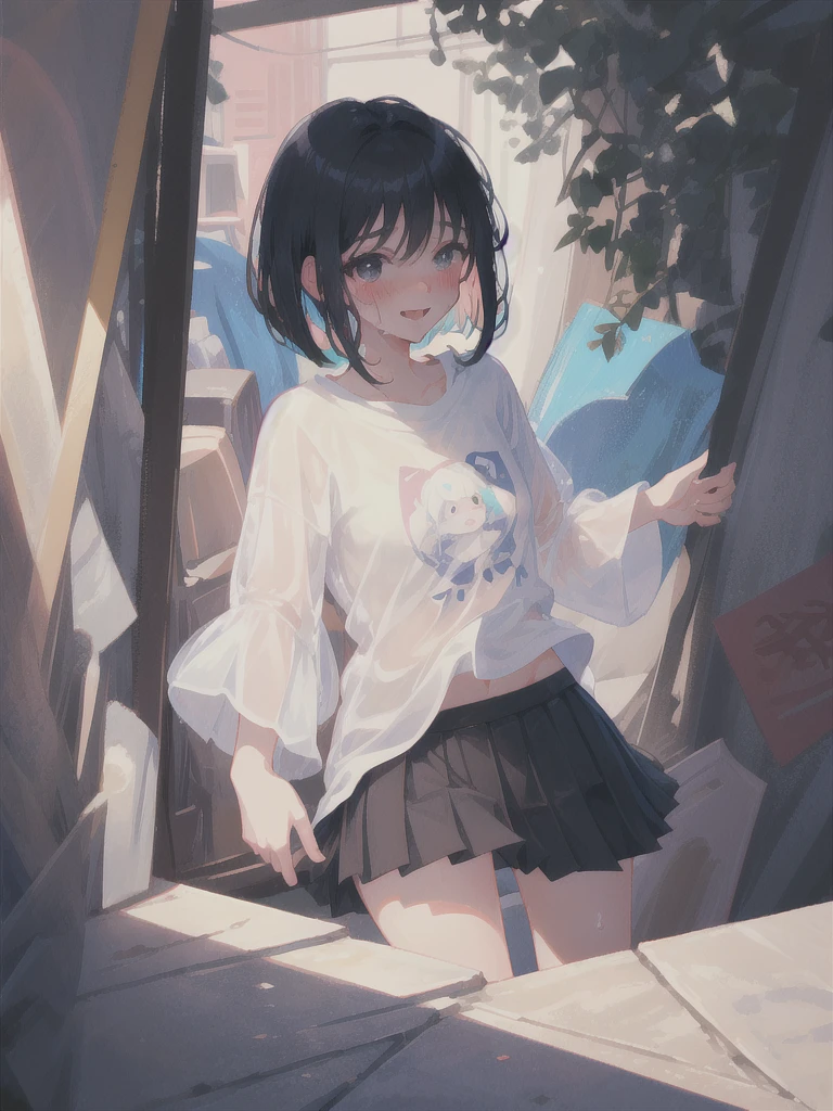 (Best quality, 8k, 32k, Masterpiece, UHD,:1.2),RAW, 1girl,ultra cute , natural lighting,transparent shining eyes, 20yo,medium  ,fair complexion ,flushed face, dynamic angle, short hair, White sweater, squatting near windows, ((Big Norwegian Forest Cat at her foot)), Big Cat, Playing with Cat, fun expression, Happily