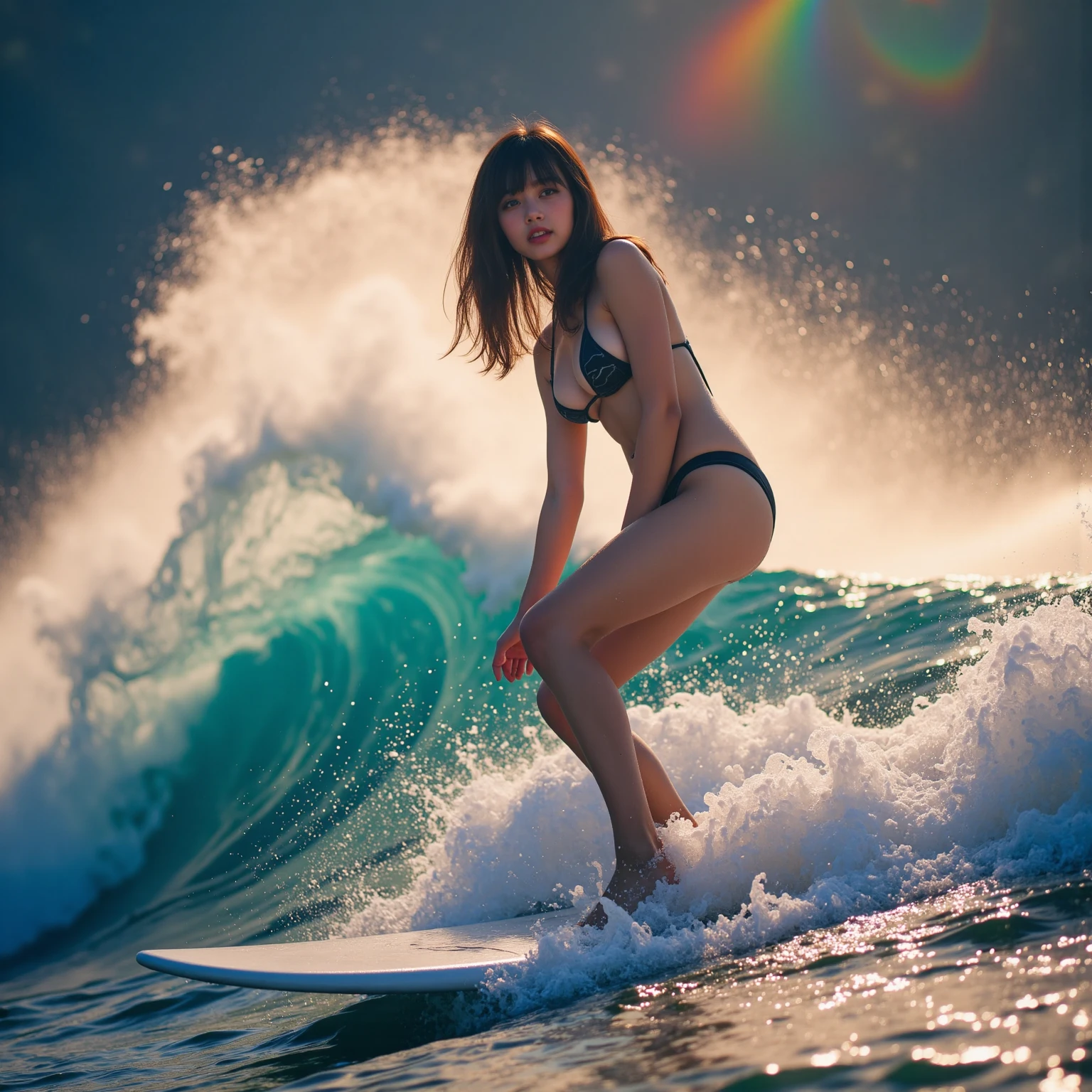 A PICHIPICHI KAWAII (Tiny girl) in RED (Skinny school swimwear) (surfing on the waves), (Riding on a surfboard:1.37) (Floating on Top of a Wave), surrounded by sparkling water. WetHair Oiled pearl skin, Splashing sparkling water Particles, BackLighting, TyndallEffect ((Dazzling colorful Horizon Visible through ThighGap)) Starry IridescentParticles. BREAK beautiful detailed eyes with (sparkling highlights:1.28), (extremely detailed KAWAII face), Dynamic Joyful Expressions LifeLike Rendering (ManoErina:1.0) . Overflowing Gigantic Sideboob (Clearly Visible Beautiful Breast to Buttocks Line) Tiny and RoundlyButt, Detailed clothing texture
