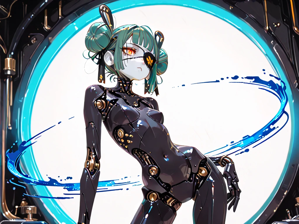 Slender woman in cool beauty style. Female Solo. Her yellow hair is partially accented with black. big headphone. A look of bewilderment.Stretch your tongue.she has short hair. Blunt bangs. Two cords extending from the headphones. Medium bust. Yellow and black bondage. The tattoo. Sharp eyes.