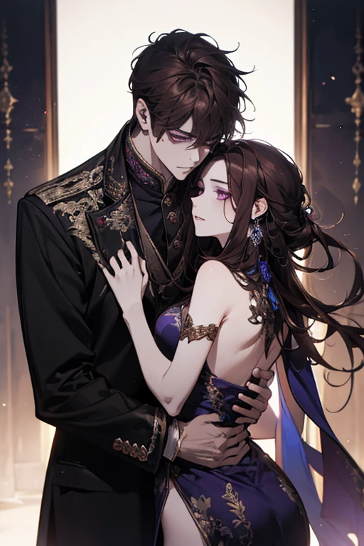 1girl, long black hair cascading down her shoulders, purple eyes with a hint of dragon pupils, porcelain skin, adorned in a heavenly dark satin purple dress with gold accents, intricately designed to highlight her slender figure. Her lips are coated with shimmering lip gloss, adding a touch of sophistication. She stands next to her partner, their gazes locked in a loving, sensual kiss under the soft glow of moonlight.

1man, with a short, sleek black hair and an outlined beard, his piercing green eyes reflecting a sense of imposing authority. His skin is light, a stark contrast to his dark black suit, ad
