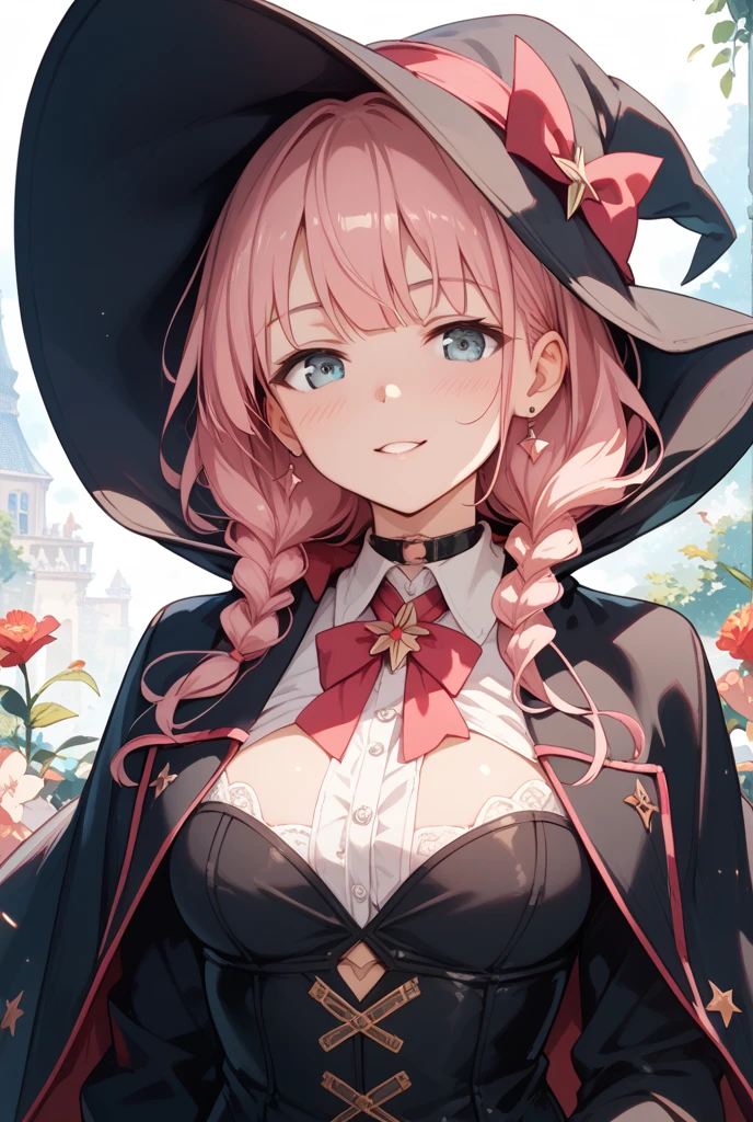Gothic, vampires, black cloaks, 18th century London, Pink hair, young face, smile, famous character, high detail of objects, gloomy environment, horror style, good detail of body and hands, full height, high detail 2k, black lipstick on the lips