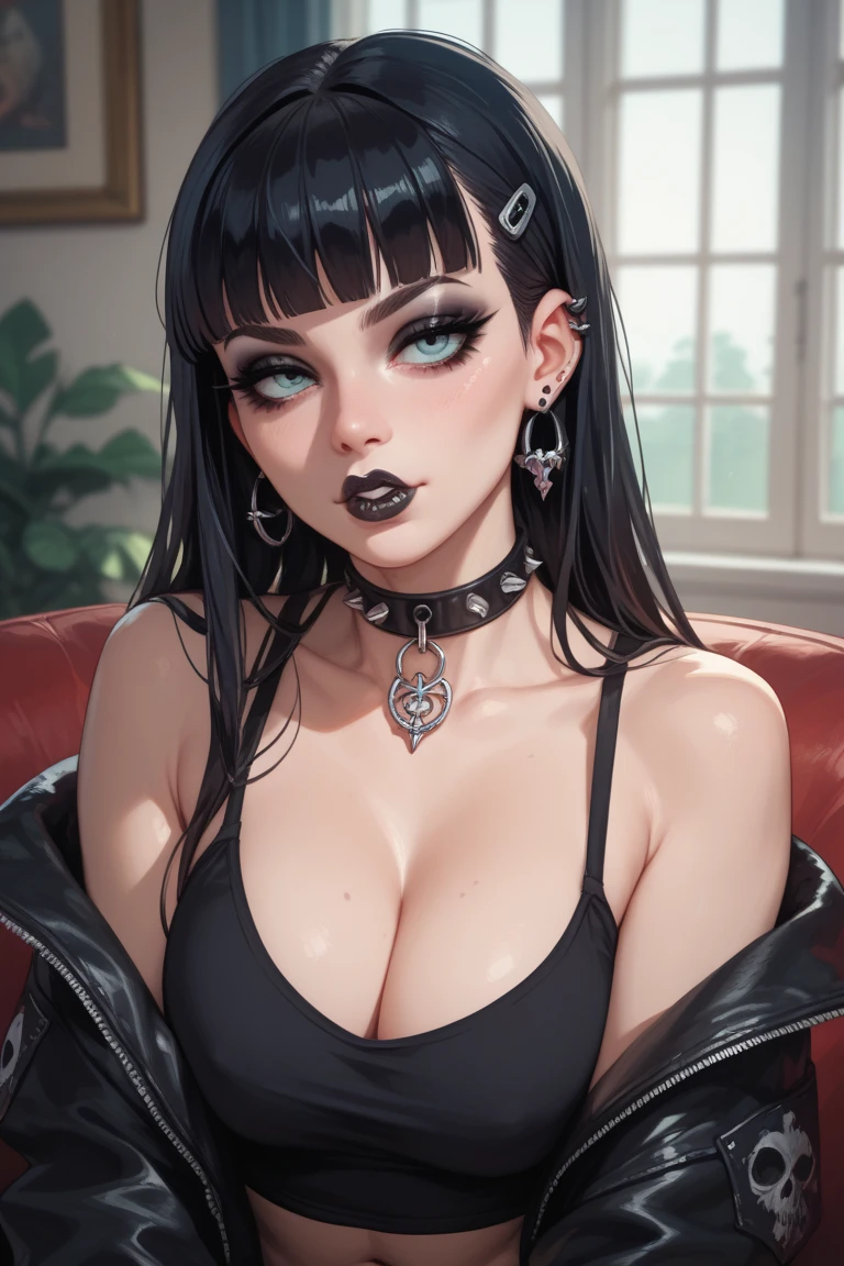 (masterpiece, best quality:1.2), 1girl, solo, egirl, portrait, lingerie, choker, goth, black lips, long sleeves, bedroom, big breasts