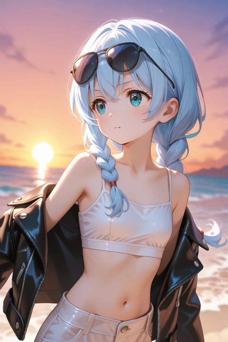 (masterpiece, best quality, high resolution, highly detailed, detailed background: 1.2), (beautiful, detailed face, detailed eyes), arona, 1girl, white hair tie, bow hair tie, halo, mechanical halo, short hair , single braid, blue eyes , two color hair, colorful hair, blue hair, pink hair, Black Bra, broken classroom, school desk, shallow water, clouds, standing, leaning forward, arms behind back, happy , open mouth, smiling, blush, looking at viewer, wet, black panties, shiny skin, cowgirl shot, belly peek, from below