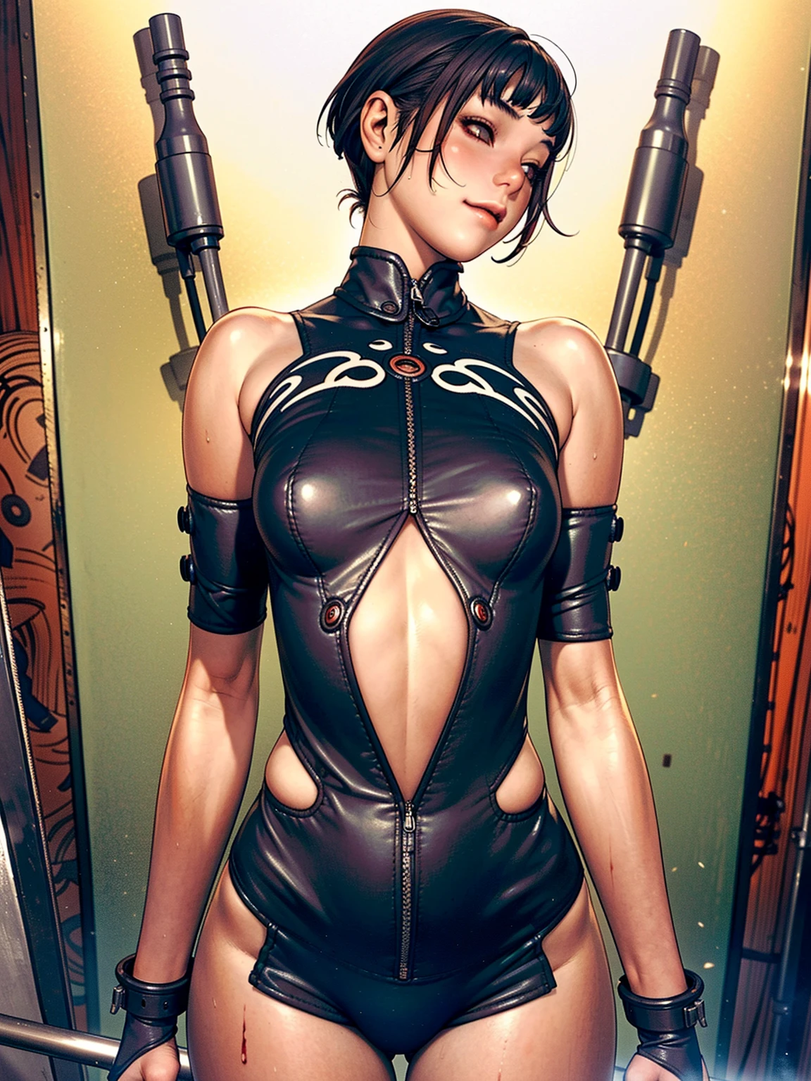 (((Woman))), (((best qualityer))), (((masterpiece))), (((Gynoid))), (((1 girl))), (((metal skin))), (((standing backwards)), (((1 girl))), (((perfect ass))), A futuristic gynoid game girl with high-tech exoskeleton and complex appearance, 18 year old woman with perfect body, clean face, ((( tight clothes in metallic colors ))), (((black look with red and white checkered print ))), Quase nova no estilo selvagem urbano de Hajime sorayama para a capa da revista Heavy Metal, Spectacular futuristic graphics, Minimal clothing, (((metallic black body))), (((from the knee up))), ((( short hair cuts ))), a spaceport in the background, (((self-contrast of the character with the background))), Two-tone lighting, film grain, Cyber world, Acrylic Comix, sorayama