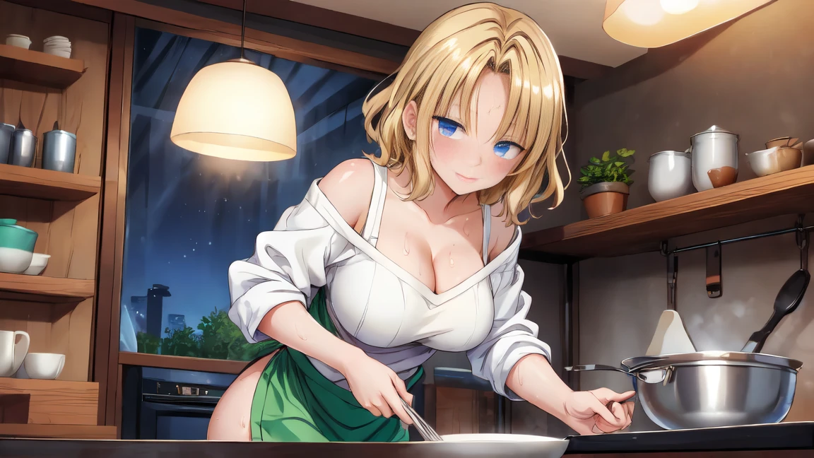 A blonde woman with a towel wrapped around her head boiling ramen at a ramen shop　Wearing an apron
