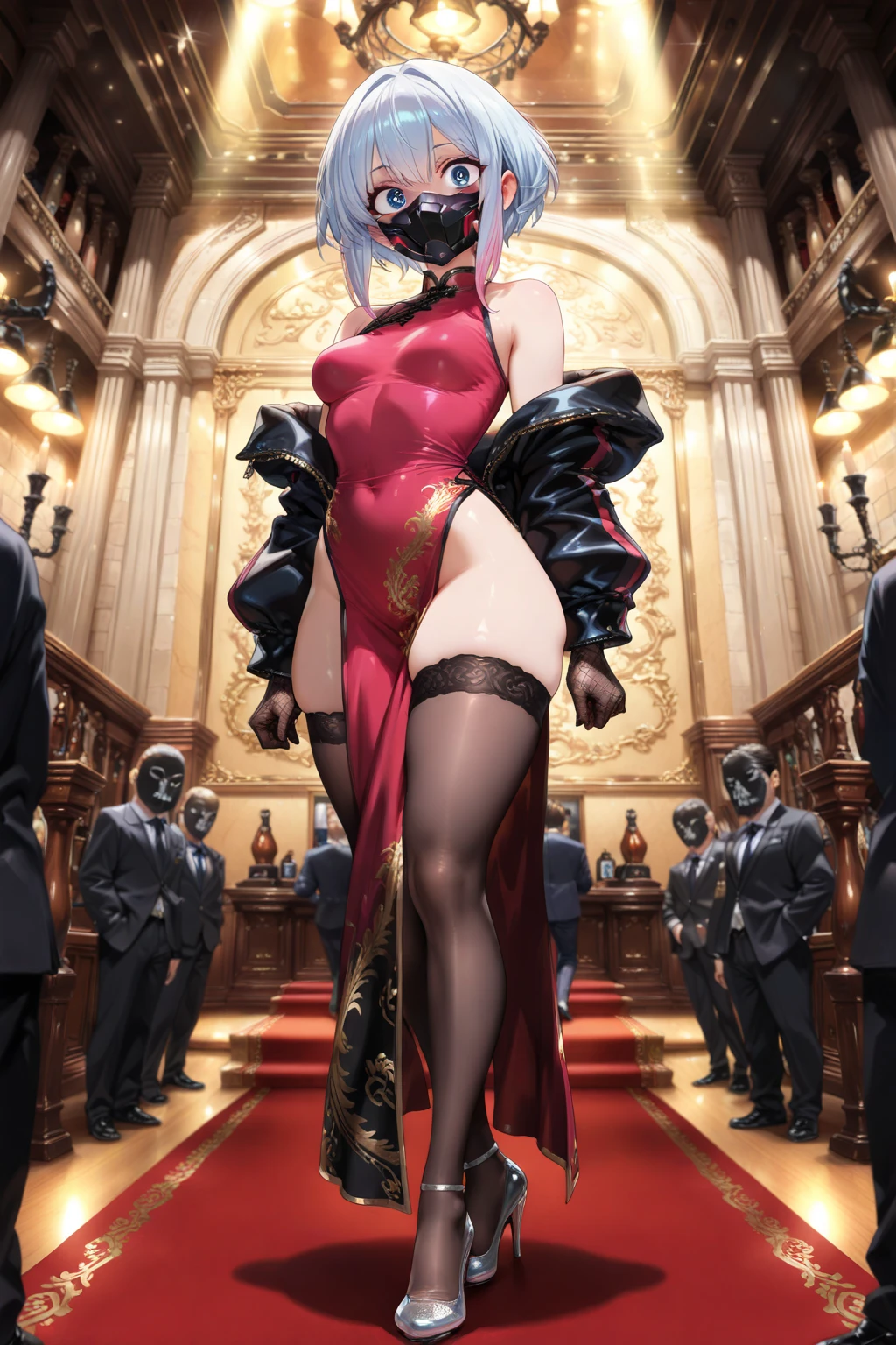 work of art, best qualityer, ultra detali, illustration, epic lighting, film composition, 1 girl, cute, red sclera,red pupils, cyborg, tatoo, hair green, colored fur, breasts small, Black jacke, legs apart hands with black gloves with yellow details, seducing gaze, seductively pose, trunk:1.1, gazing at viewer, pretentious smile, cloused mouth, plein-air, citys, cyber punk, neon lights, Street, (natta, tenebrosa, tenebrosaness, tenebrosa como breu, eyeshadows:1.4), (8K:1.1),  