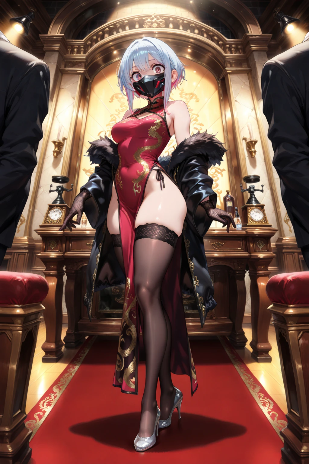 ((Super realistic details)) Shadow、octan render、8K、ultrasharp、Steampunk Body、Details of complex ornaments、cold color、Gothloli details、highly intricate detail、Realistic light、CGSoation Trends, radiant eyes featuring a stylish and confident evil queen, she has an arrogant look .modern fashion. dressed in bold and fashionable latex outfits, showcasing a unique combination of elegance and strength. attire includes sleek, form-fitting dressed and bodysuit made of shiny materials, paired with oversize latex coat that have (((dramatic high collar of coat))), (((high collar of coat))) (((very high and wide collar of coat))) and intricate patterns. The colors and designs vary, featuring a shiny red latex coat with patterned latex coat. outfit is accentuated with long boots and gloves, sunglasses, emphasizing her commanding and poised presence. Highlight her modern, daring fashion sense and her ability to dominate any space with her fashionable and assertive demeanor,sexy pose Sit with your legs apart, Leg spread, on ((majestic throne on palace)), nudity.