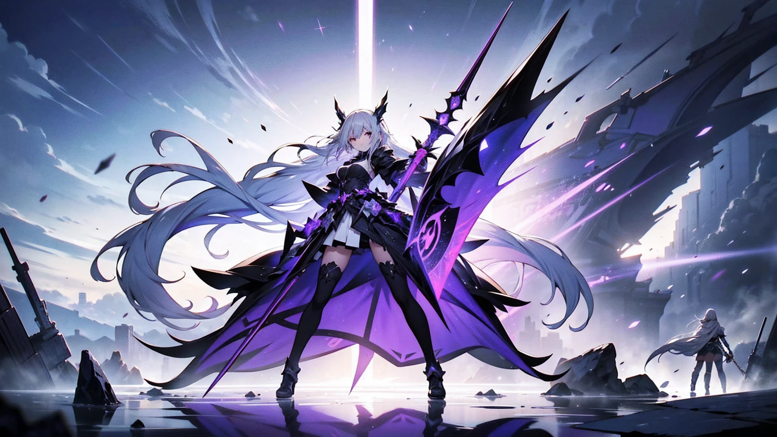raiden shogun, 1girl, storm, masterpiece, best quality, long hair,purple hair, gloves,purple eyes, thighhighs, holding holding sword, detached sleeves, black gloves, japanese armor, kimono, lightning, halo, neon wings