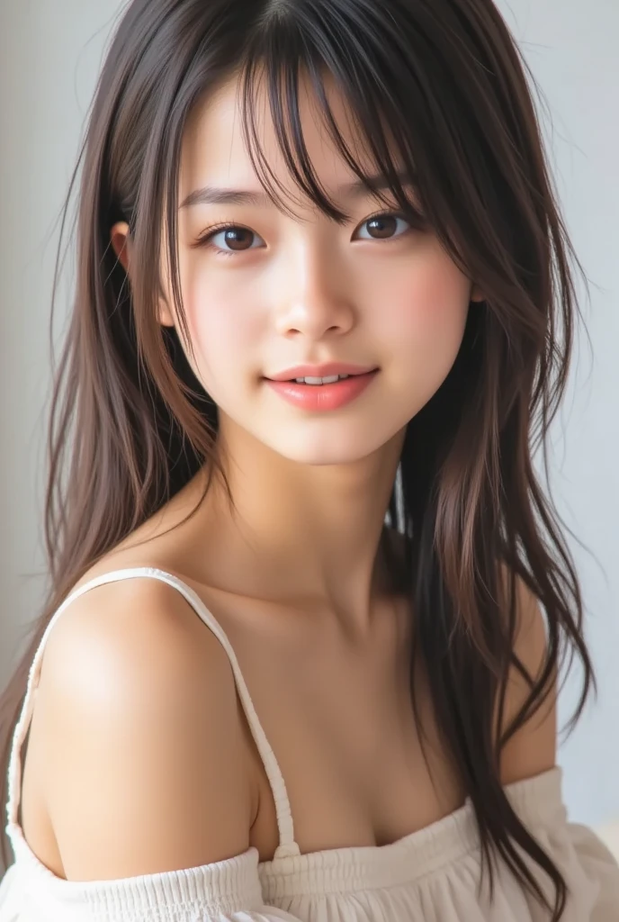 young japanese woman, 30 generations, white background, Characterized by simplicity背景, white brown hair, thin, 4k, In 8K, high quality, beauty, beautiful eyes, Characterized by simplicity, High resolution,1 person,beautiful skins,beautiful skin,well-shaped medium chest、