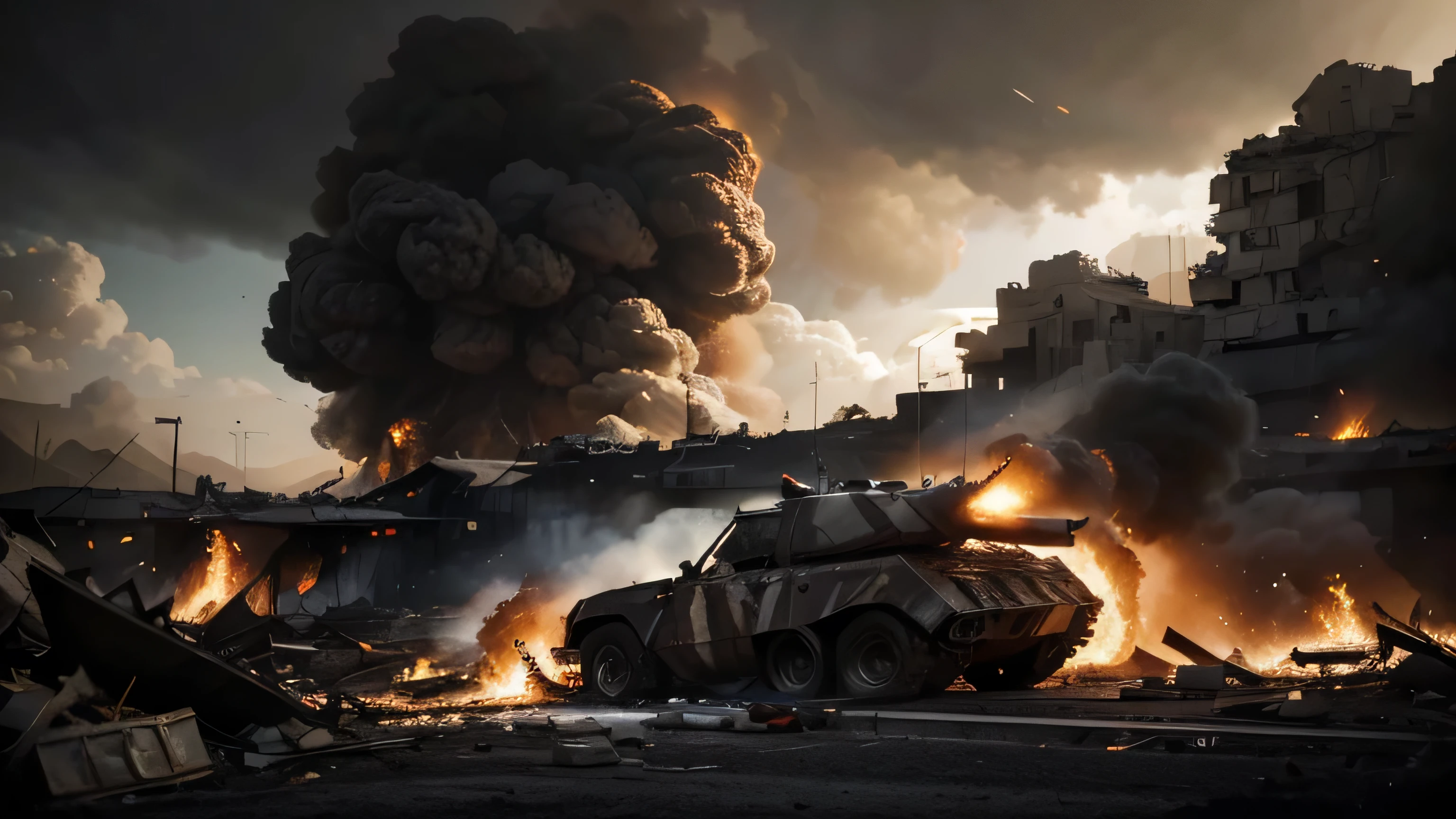 (a)highres,(a)realistic,war landscape,modern combat,soldiers fighting,tank on a battlefield,explosions,wounded soldiers,bullet sparks,burning buildings,bodies,chaos,tension,heavy artillery,smoke,barracks,dust clouds,gunfire,trenches,barbed wire,nervous soldiers,camouflage,war drones,night vision,snipers,bullets raining down,screaming,adrenaline rush,dangerous mission,exploding vehicles,fear,concentration,war strategy,night raid,stealth,(a)bomb explosion,armored vehicles,commander shouting,war cries,warzone (medium:1.1)oil painting,Illustrations,high contrast,gritty style,dynamic composition,expressive brushstrokes,strong perspective,dramatic lighting,war photorealistic style,grainy texture,dark color palette,rough texture,detailed soldier uniforms,grand scale,interpreted art,classical artwork,action-packed image,film-like motion,raw emotions,cinematic experience,poetic atmosphere,heroic figures,military precision,great scale,thrilling moments,important war landmarks,realistic portrayal,authenticity,lifelike visuals (b)colorful,sharp colors,contrasting hues,vibrant saturation,dark shadows,strong highlights,rich pigments,ominous atmosphere,dramatic lighting effects (d)soft,even lighting,subtle shadows,muted colors,warm tones,atmospheric,faint reflections,subdued ambiance,luminous glow,gentle hues,subtle contrasts,ethereal lighting [chaotic,calming scene,peaceful atmosphere,silence,tranquility]