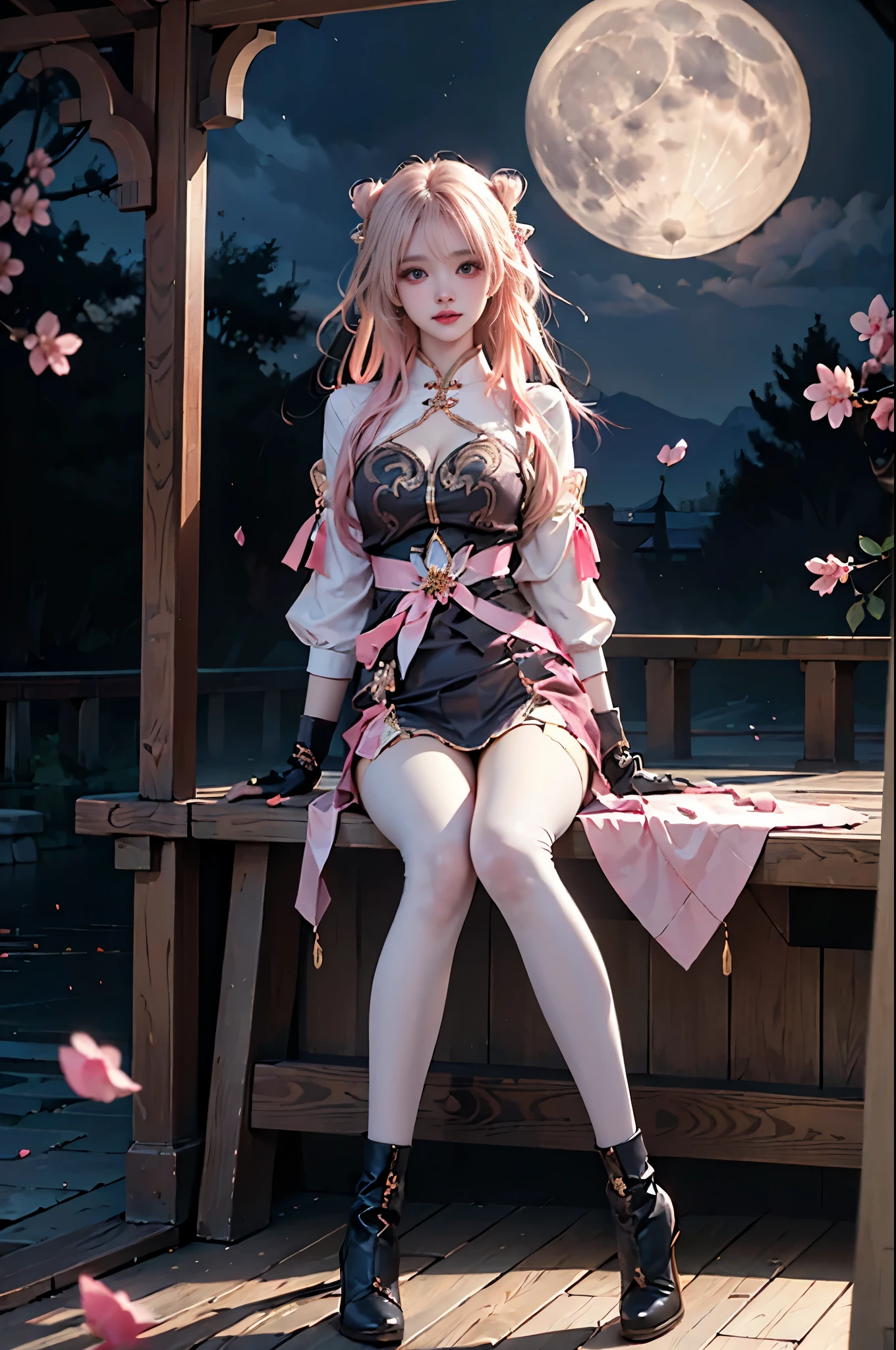 ((Best Quality)), ((Masterpiece)), (Detail: 1.4), 3D, Beautiful Cyberpunk Female Image, HDR (High Dynamic Range), Ray Tracing, NVIDIA RTX, Super Resolution, Unreal 5, Subsurface Scattering, PBR Texture, Post-Processing, Anisotropic Filtering, Depth of Field, Maximum Sharpness and Sharpness, Multi-layer Texture, Albedo and Highlight Mapping, Surface Coloring, Mitsu-Accurate Simulation of Material Interactions, Perfect Proportions, Octane Rendering, Two-color Light, Large Aperture, Low ISO, white balance, regular three-point, 8K RAW, beautiful bright pupils, flowing robes, fine pupils, delicate face and eyes, long eyelashes, blush, fluffy hair, pink lips, pure, cute, cherry blossom petals falling