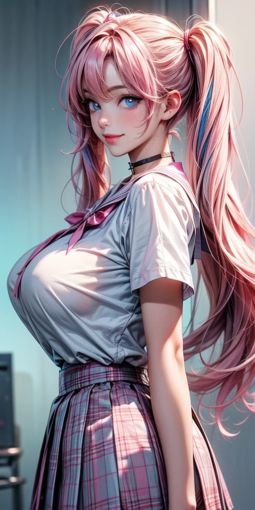 (ultra realistic,32k, masterpiece:1.1),(high detailed skin:1.1), 8k uhd, dslr, high quality, (thick\lips\),
aakaede,two-tone hair,side ponytail,sidelocks,hair scrunchie,gyaru,earrings,necklace,breasts,,red bowtie,collared shirt,pink shirt,long sleeves,bracelet,blue skirt,, , (huge breast:1.2),
(looking at viewer, portrait:1.1),,
,(tenebrism:1.1), blank background