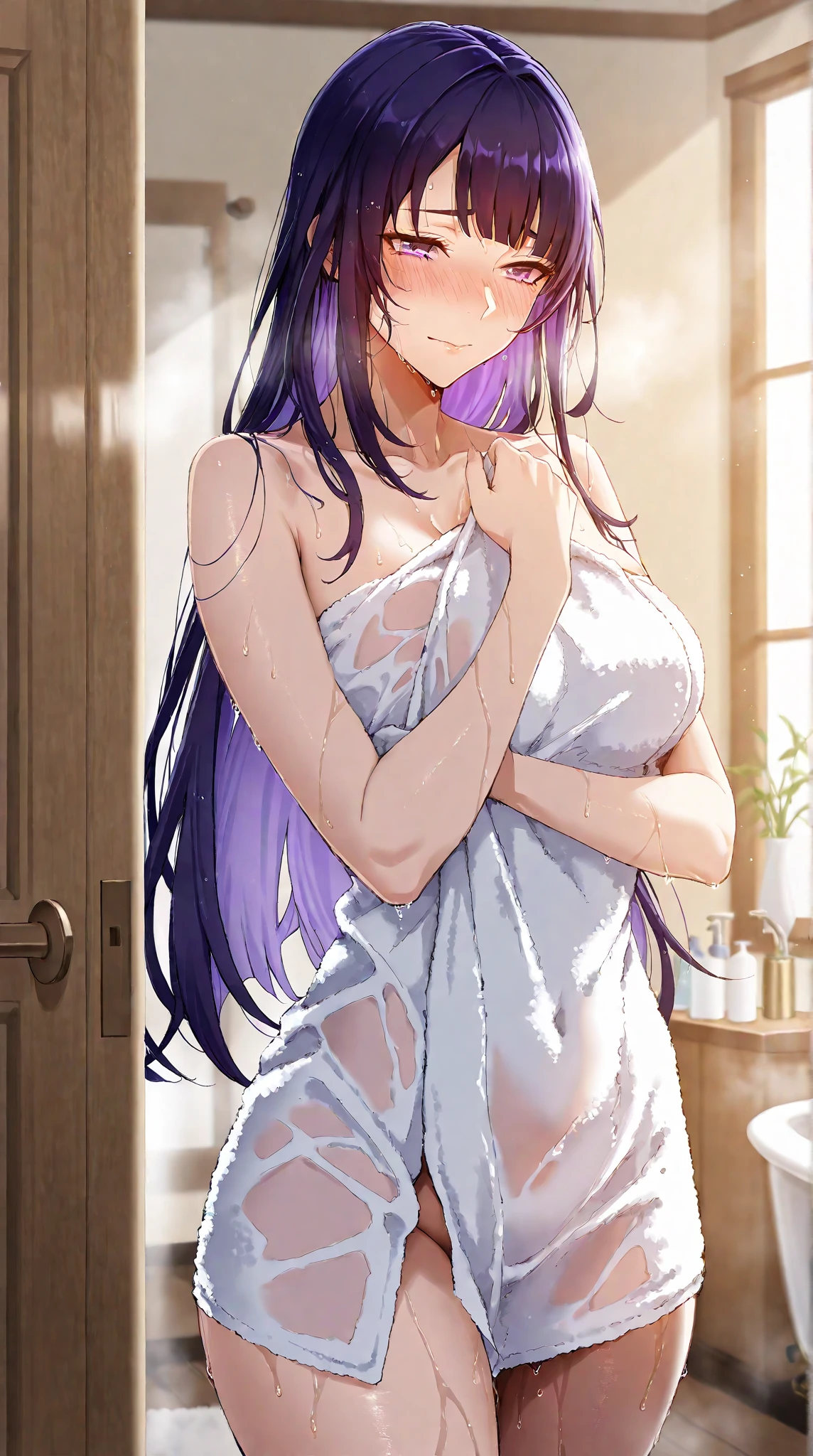absurd res, high res, (masterpiece:1.4), ultra-detailed, 1girl, tokime, bedroom, sitting, stockings, purple eyes, purple hair, smirking, dress, bare shoulders, white dress, (navel, hand on breast:1.2, nsfw:1.2, nude:1.2)
