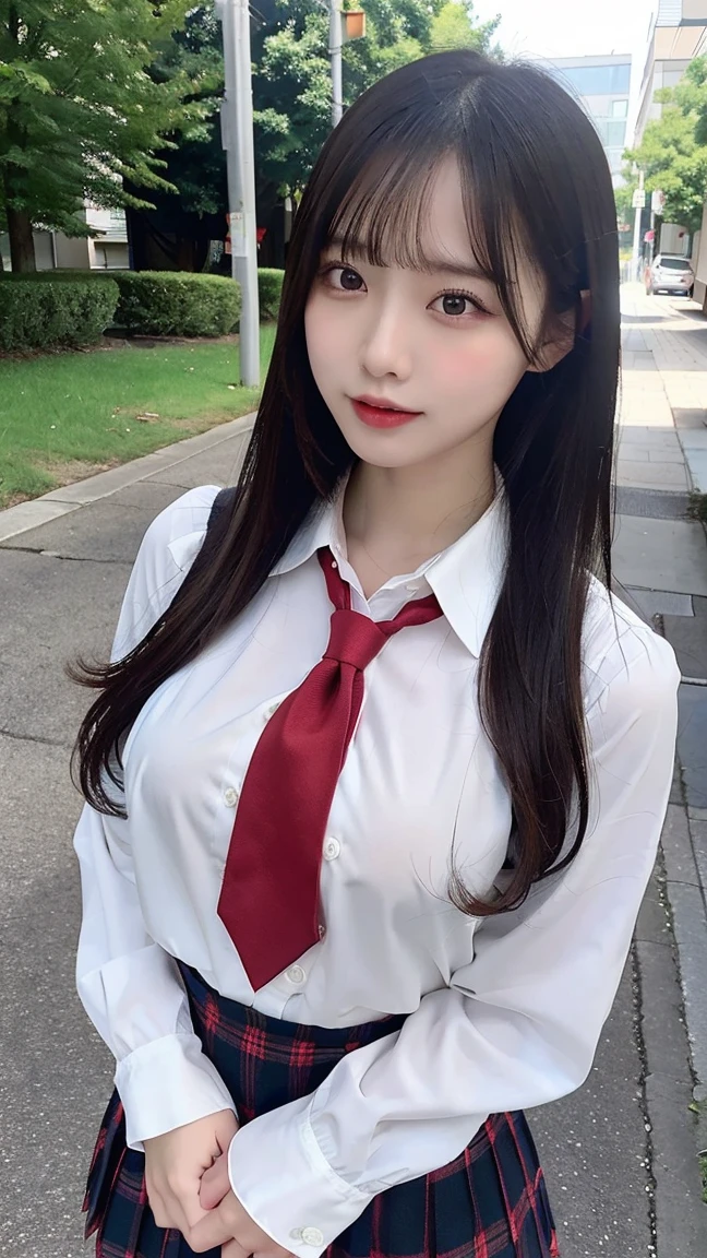 (1 Korean star with royal sister style), ((Best quality, 8K, 巨作: 1.3)), focal point: 1.2, Perfect body proportions: 1.4, (Make a smile), (Ray traching),Watery eyes, Highly Detailed Face and Skin Textur, Fine eyes, Double eyelids, Whitens the skin, (Black long straight: 1.3), (face round: 1.5), (JK school uniform: 1.4), (Lace view: 1.6),(Black over-the-knee stockings: 1.4),(J College style:1.4),(Extremely perfect legs),(hair pin:1.3)